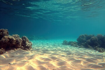 Fototapeta premium Underwater Coral Reef Scene with Sandy Ocean Floor and Clear Blue Water in Ocean Environment for Marine Life and Nature Photography