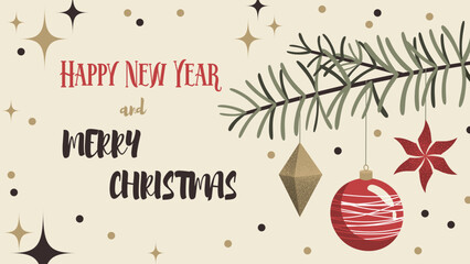 Minimalist Christmas Banner Modern Vector Illustration with Ornaments, Striped Baubles, and Festive Typography