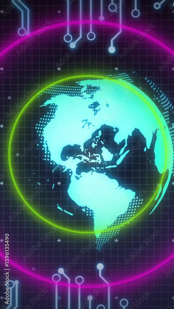 Poster Digital globe glowing with circuit patterns and data charts in animation