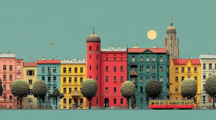 Vibrant colorful historic buildings with lush trees and a bright yellow bus in a lively cityscape featu a tower and clear sky with a full moon