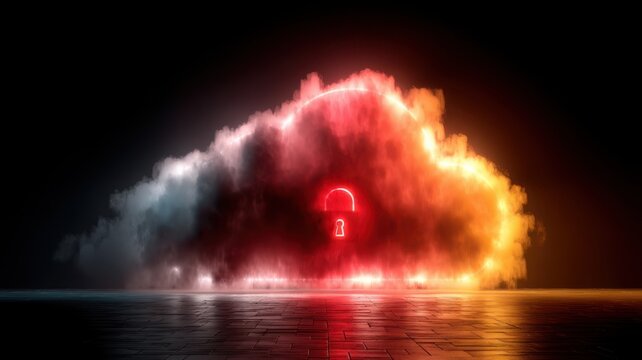 Fiery Cloud with Lock Icon Symbolizing Data Breach Protection