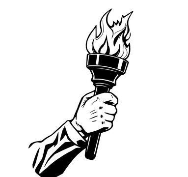 Hand Holding a Burning Torch: A bold monochrome line art illustration depicts a hand firmly gripping a torch with vibrant flames, symbolizing strength and determination.