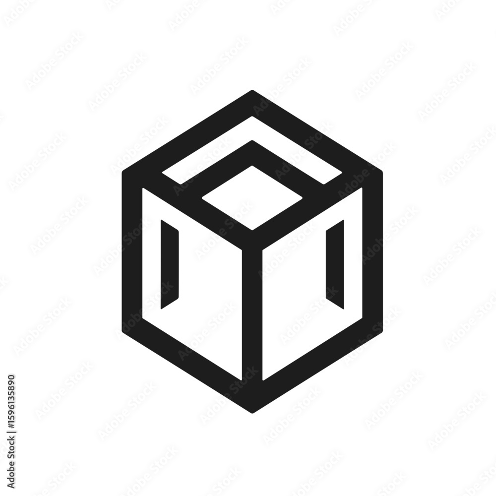 Poster stylized graphic cube design with bold lines, representing a three-dimensional shape, in black and w