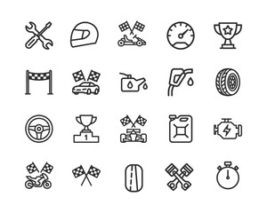 Motorsports Vector Icon Set, Racing car, helmet, motorcycle trophy, oil, engine, pit stop, fuel, flag, speed, competition icons