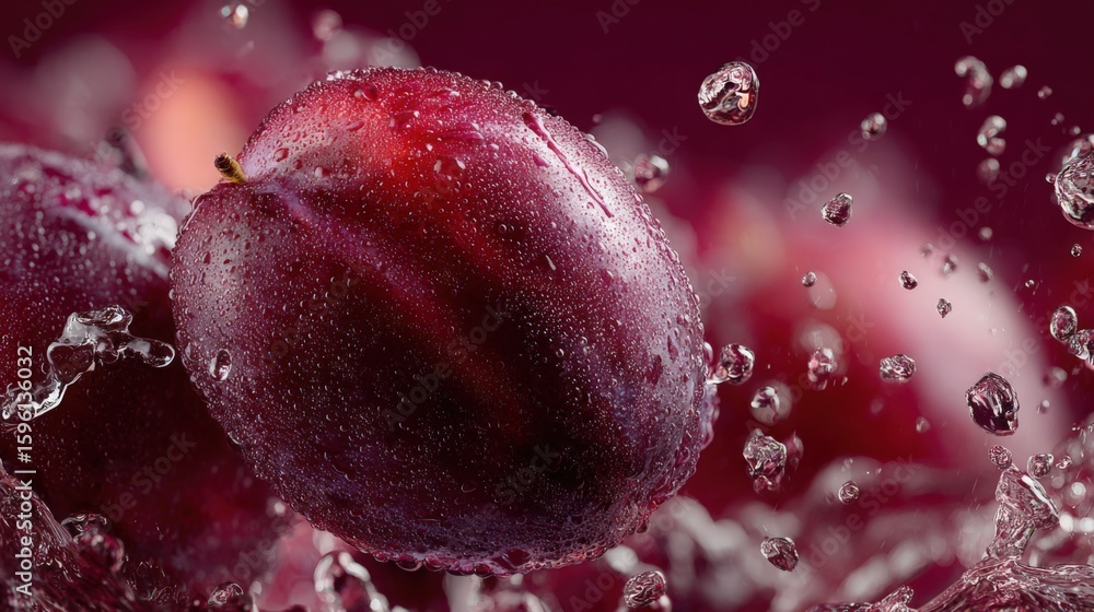 Poster close-up of a fresh juicy red plum watermelon with droplets splashing in a dynamic artistic composit