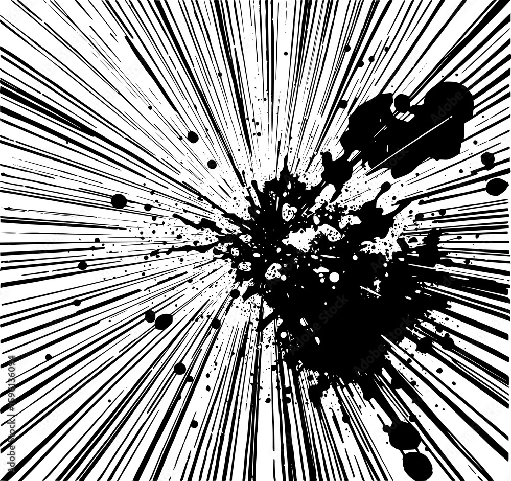 Poster ink splashes and radial lines: a dynamic monochrome illustration features a central ink blot surroun