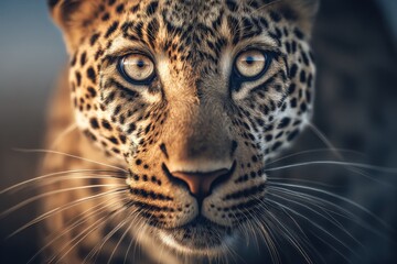Obraz premium Close-up of a Wild Leopard with Intense Amber Eyes and Detailed Spots Showing Power and Grace in Natural Light
