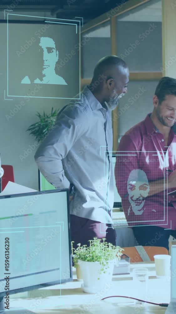 Aufkleber diverse team collaborating in modern office with digital data overlay animation