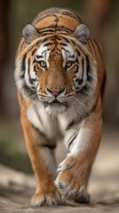 Fototapeta premium Majestic Bengal tiger walking through forest with intense gaze and detailed orange black striped fur in natural wildlife environment