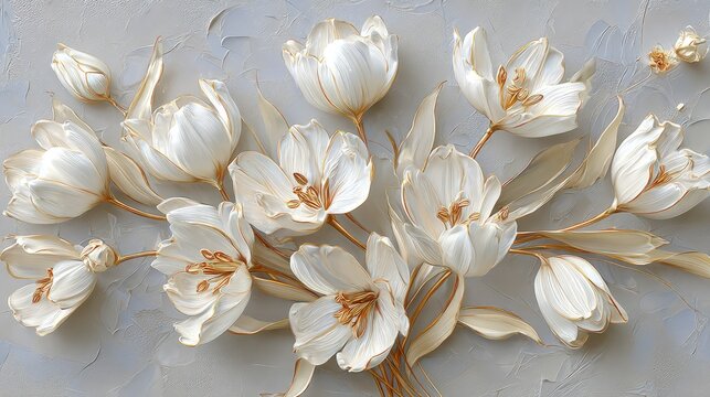Elegant White Flowers With Gold Accents On Gray Background