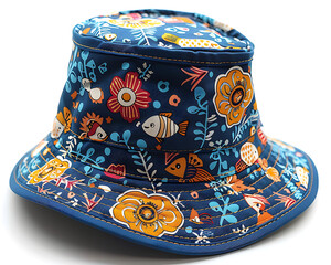 Bucket hat decorated with a vibrant floral and tropical fish pattern, set against a clean white.