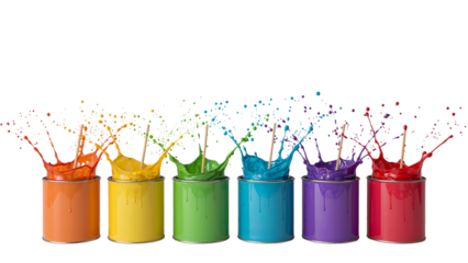 Vibrant rainbow spectrum of paint cans exploding with dynamic color isolated on transparent