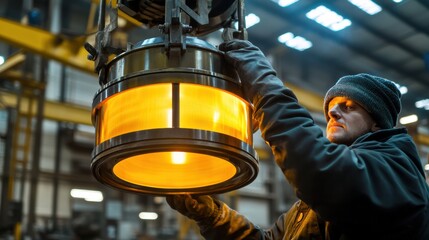 Industrial Worker Installing Glowing Lamp Fixture in Factory Setting A man carefully handling a large, illuminated industrial light fixture within a bustling factory environment.