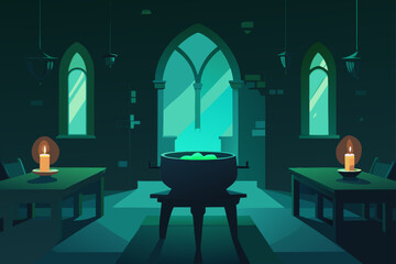 A creepy cauldron with green flames in a dark forest vector illustration