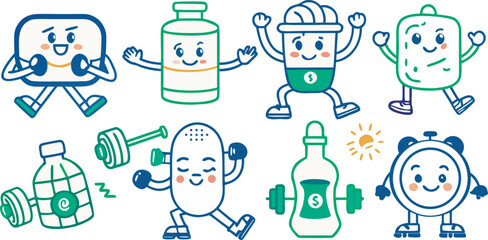 Cute cartoon pills and bottles exercising with weights