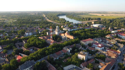Aerial view of a town with river