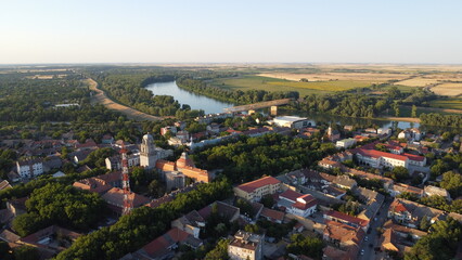 Aerial view of a town with river