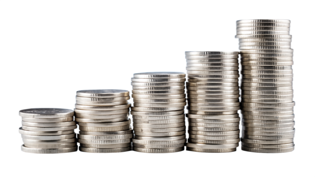 Stacks of silver coins arranged in an increasing row, symbolizing financial growth, isolated on white isolated on transparent background