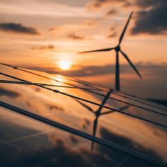 Golden hour illuminates modern solar panels with a distant wind turbine, representing green energy.