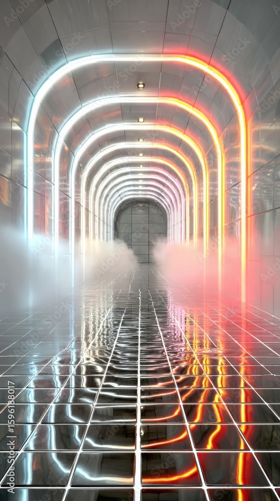 Poster futuristic tunnel with neon lights and reflective floor creating an illusory infinite pathway in a c