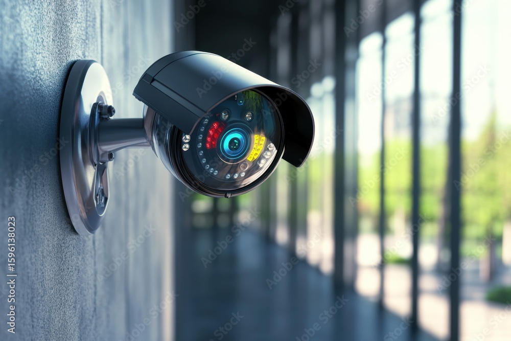 Aufkleber security camera mounted in a modern building with large windows in daylight
