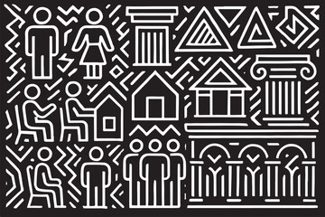 Black and white abstract illustration of people and buildings