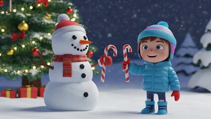 Merry Christmas 3D Animated Child Snowman Sharing Candy Canes. - Powered by Adobe