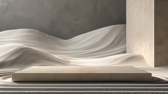 Japanese-inspired raked sand podium in bottom third with soft illumination for contemplative product presentations and zen design concepts