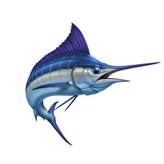 Blue marlin fish leaping with streamlined body and sail fin
