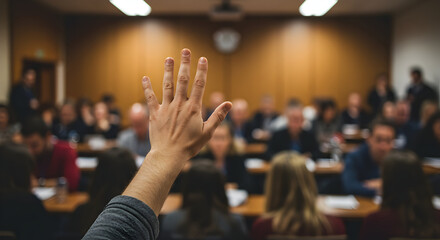 A student raises their hand to ask a question during a lively and engaging classroom lecture.