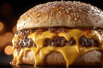 Highly detailed close-up of a cheesy beef burger with melted cheese, sesame seed bun, juicy patty, and flavorful toppings on a dark background