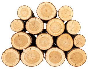  Neatly Stacked Firewood Logs with Bark, Front View, Isolated on White Background PNG