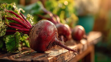 Fresh organic beets with green leafy tops placed on rustic wooden surface in sunlight, showcasing healthy root vegetable harvest for nutritious cooking