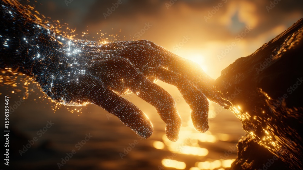 Poster digital hand reaching out towards the sunset with sparkling particles and glowing effects emphasizin