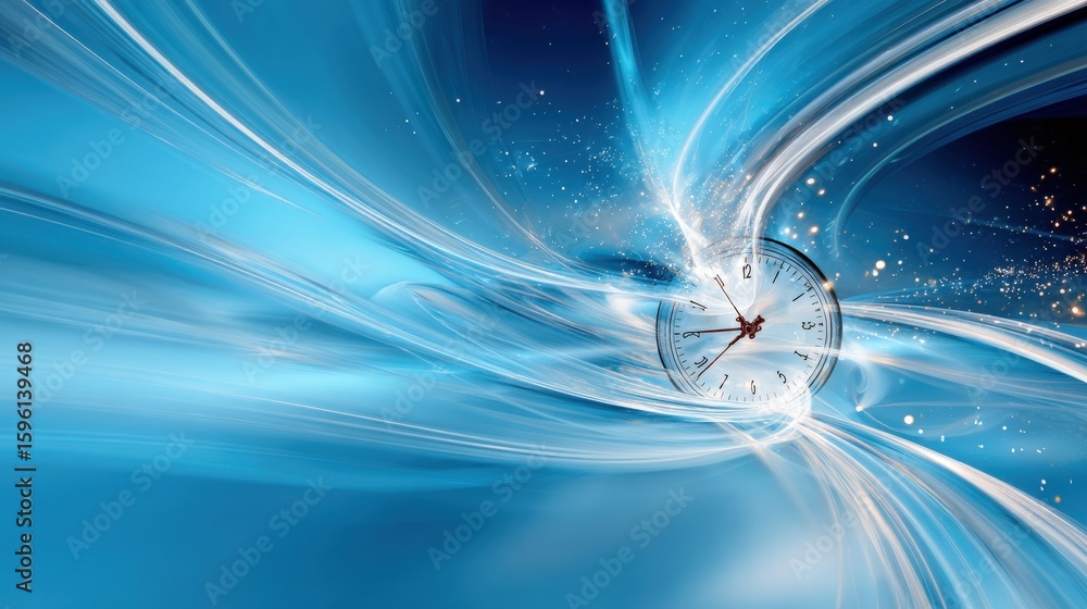 Poster dynamic abstract digital art representing time travel or warp speed with energetic swirling streaks 
