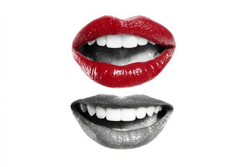 Close Up of Red and Silver Lipstick Lips Showing Teeth in Artistic Black and White Style