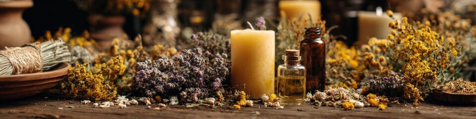 Beautiful autumnal scene with colorful fall leaves and dried flowers in front of glowing candles and glass bottles on rustic wooden table