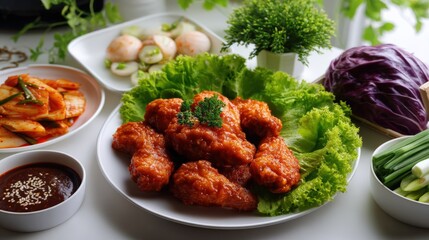 Fototapeta premium Delicious crispy fried chicken tenders served with fresh vegetables and dipping sauce on a white plate in a bright kitchen setting with garnish