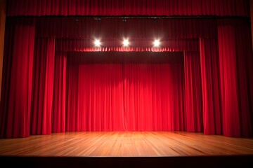 Dramatic Red Stage Curtains, Wooden Floor, Spotlights: Theater Performance Background
