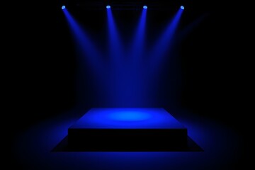 Dark Stage with Blue Spotlights Illuminating Empty Platform; Dramatic, Mysterious Mood; Product Display; Presentation Background.