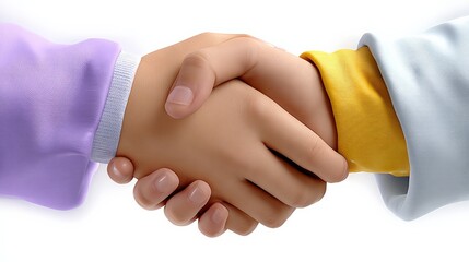 Close-up of two children’s hands shaking in a friendship gesture, emphasizing unity and trust between young kids in colorful clothing