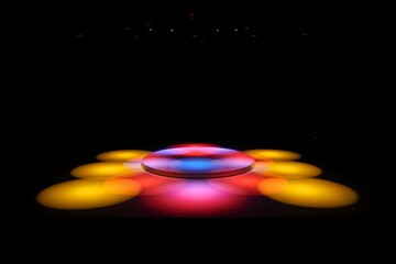 Abstract Stage Lighting: Colorful Illuminated Platform, Dramatic Dark Background, Modern Design.