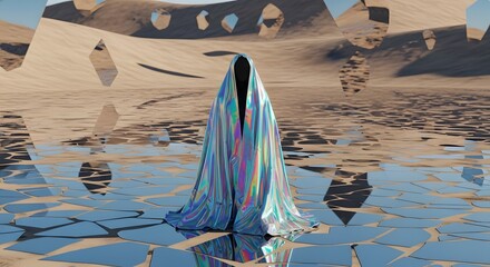 Figure in shimmering cloak standing in desert reflecting broken mirrors and surreal open windows in the sky and ground