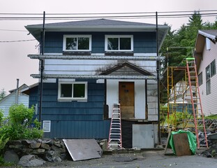 Construction platform and ladders at a traditonal Alaskan home