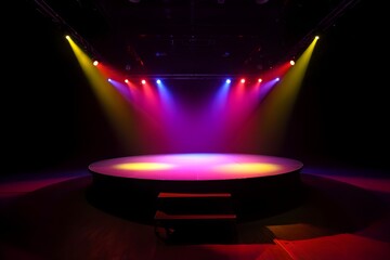 Empty stage with colorful spotlights, dramatic lighting, circular platform, theatrical mood.