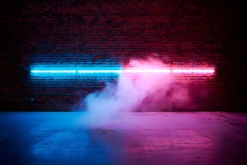 Moody Neon Glow: Pink and Blue Lights on Brick Wall with Foggy Floor