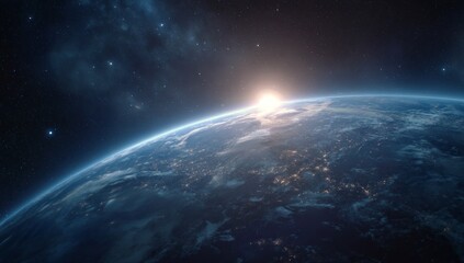 Earth from Space with Sunrise and Starry Night Sky
