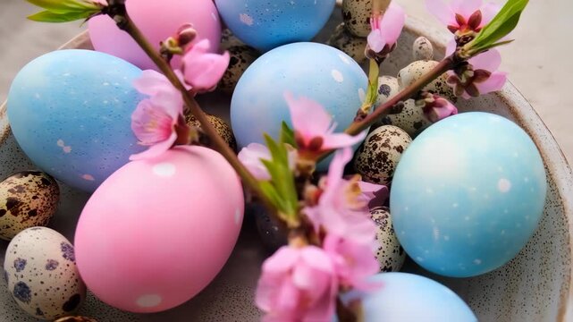 Happy Easter Day. Colorful Eggs with Cherry Blossom