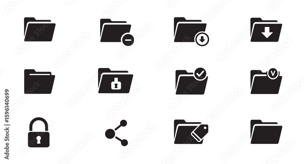 Poster collection of black and white folder icons representing data management and operations