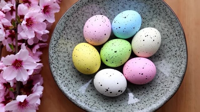Happy Easter Day. Colorful Eggs with Cherry Blossom